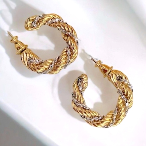 Monet Jewelry - MONET Vintage 80s Hoop Earrings Twisted Gold Silver Tone Thick Braided Earrings